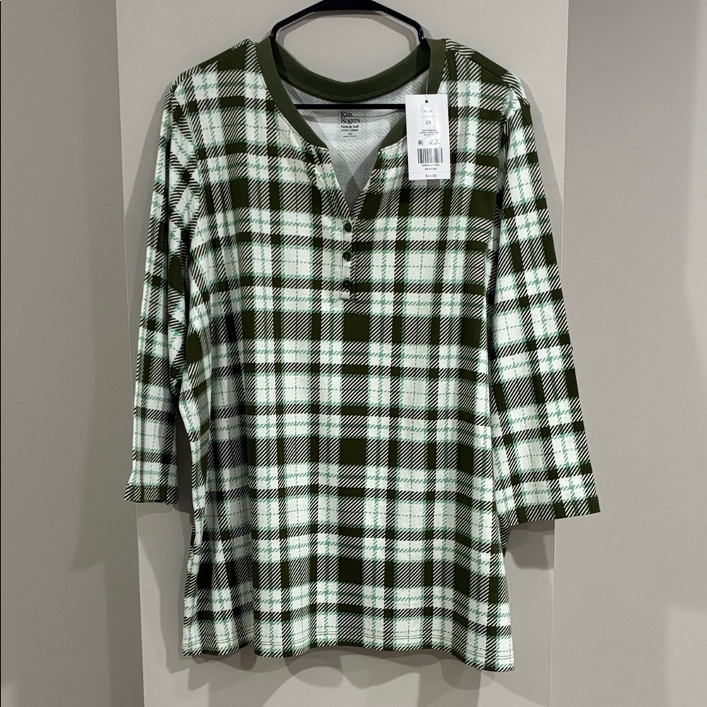 NWT Kim Rodger’s Green and White Plaid Henley Top Sz 2X Cotton